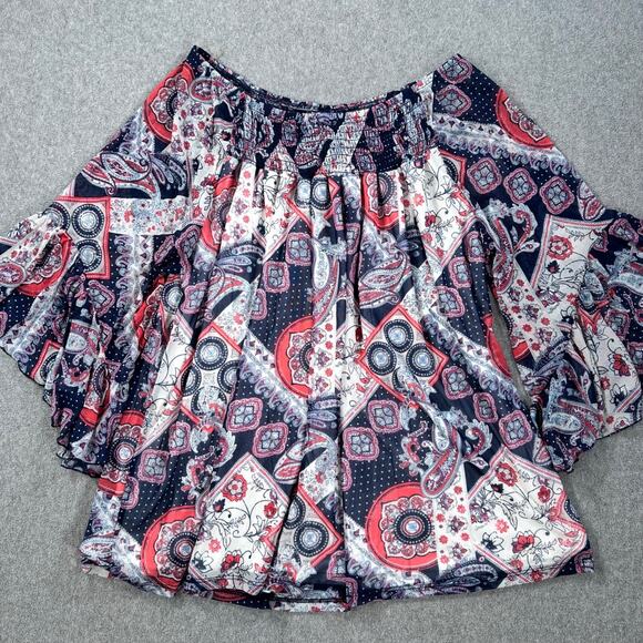 Cato Off Shoulder Bell Sleeve Patchwork Paisley Top Women's 18/20W Blue Red New - Picture 1 of 9